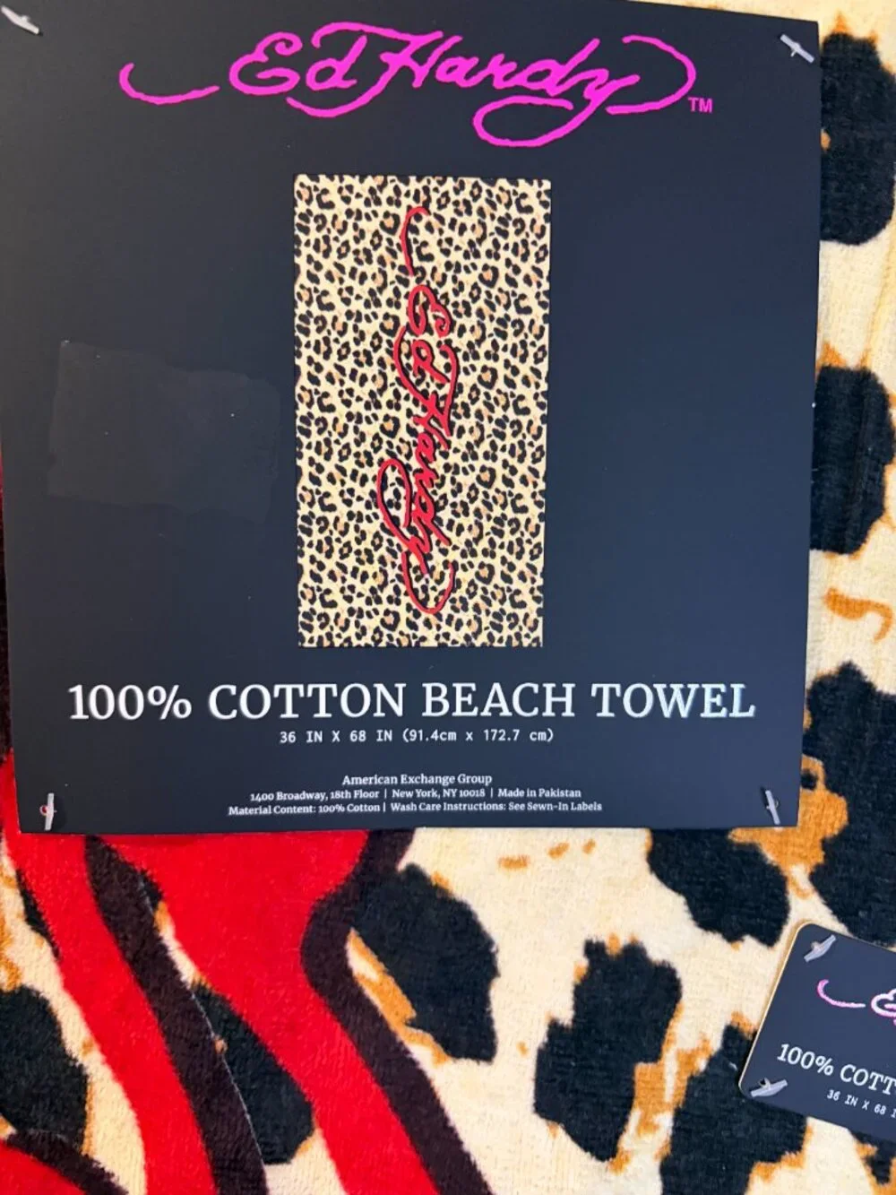 Ed Hardy Leopard Print Beach Towel 100% Cotton Red Script 36x68 NWT